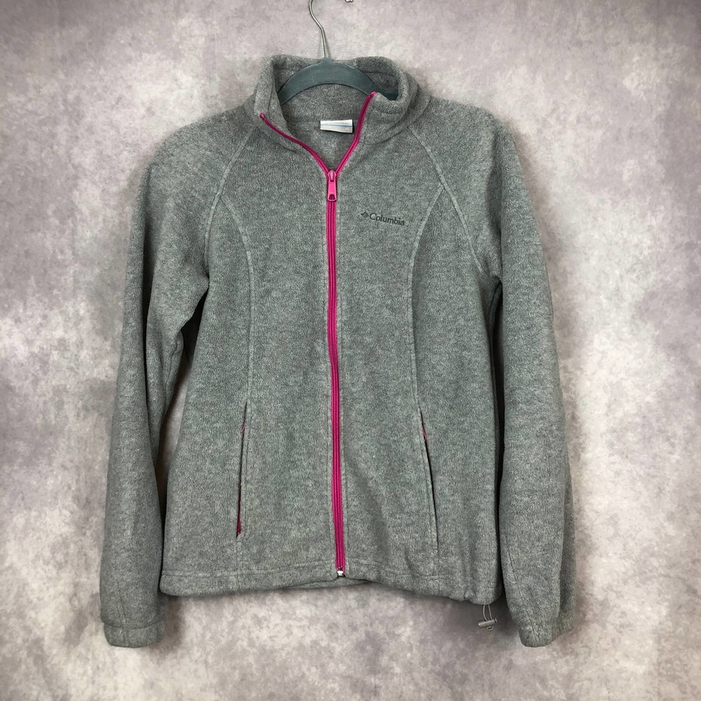 Columbia Fleece Jacket Womens‎ XS Gray Pink Trim Full Zip Comfort Pockets Hiking